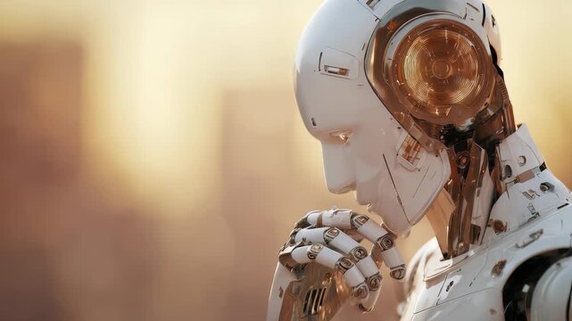 A highly detailed humanoid robot with golden mechanical components is shown in a pensive pose, symbolizing the future of AI. The soft background highlights innovation and technological progress