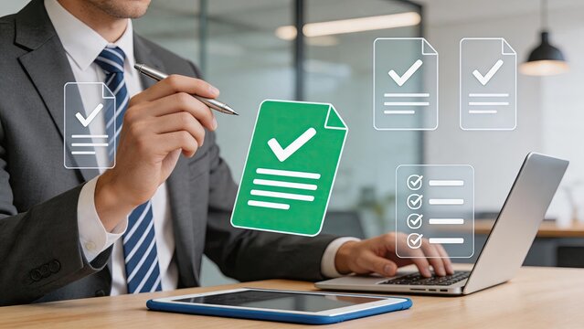 Manager checking document compliance, green checkmark on file, approval process, contract verification, legal agreement review, business administration, paperwork organization,