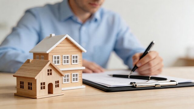Real estate agent signing property purchase agreement at desk, wooden house models in foreground, home buying selling concept, mortgage loan application, rental lease contract and