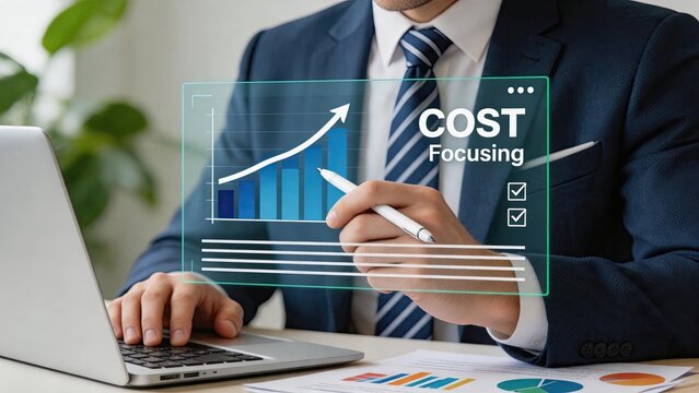 Corporate executive focusing on cost reduction and budget management, analyzing rising expenses bar chart on virtual screen with checklist for financial optimization and