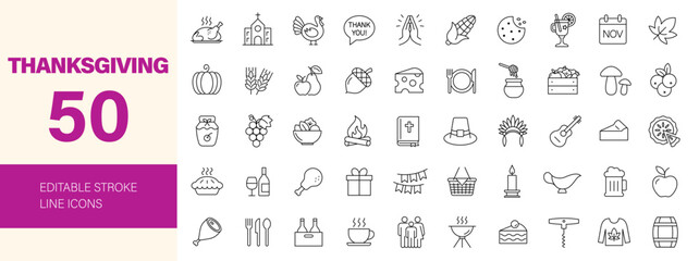 Thanksgiving Day icon set. Editable line icons. Vector illustration. © Dear Lala