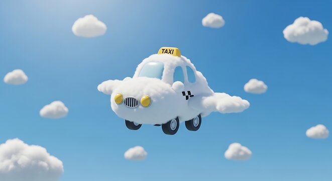 White drone flying in clear blue sky with clouds.