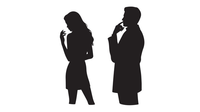 Thoughtful Couple Silhouette Business Man and Woman Thinking Vector