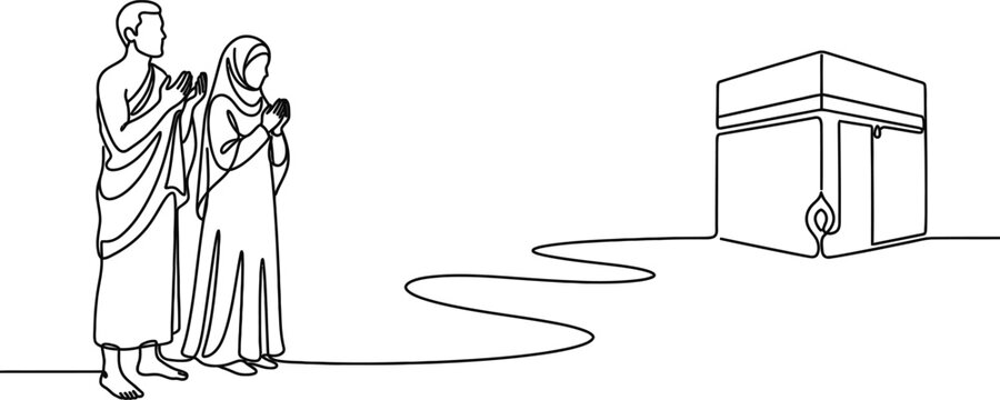 Continuous line art of a Muslim couple performing Umrah pilgrimage near the Kaaba.