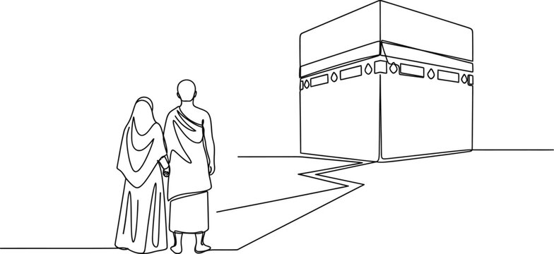 Continuous line drawing of Muslim pilgrims standing before the Kaaba.