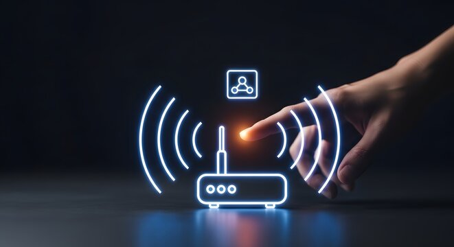 Finger Touching Futuristic Wireless Router Interface with WiFi Network Connection Concept