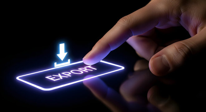 Finger Pressing Neon Export Button on Futuristic Digital Data Transfer Interface