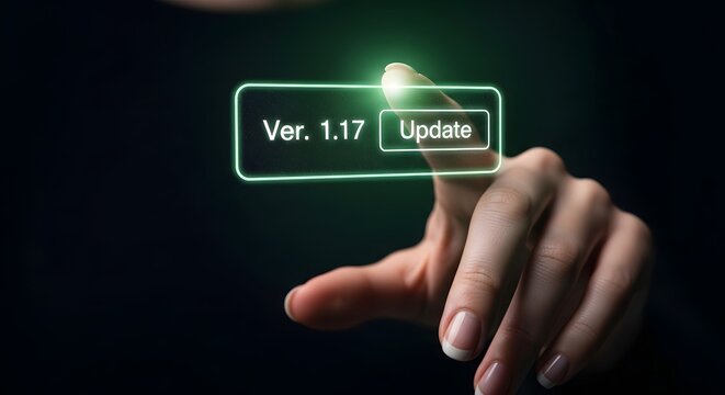 Finger Pressing Software Update Button on Futuristic Digital Interface Technology