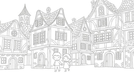 Obraz premium Whimsical medieval village illustration with two children exploring.