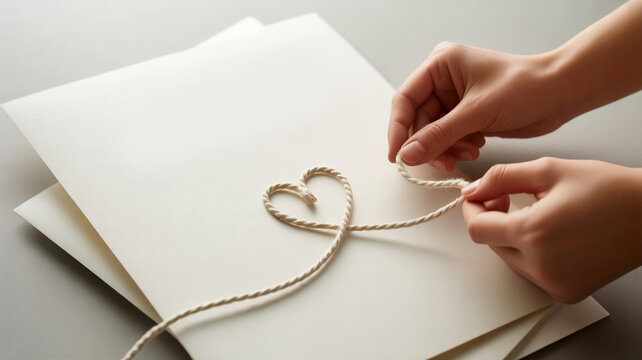 Hand tying heart-shaped string on white gift box with elegant ribbon for celebration