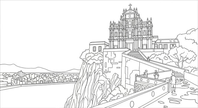 Detailed line drawing of historic cliffside cathedral and town.