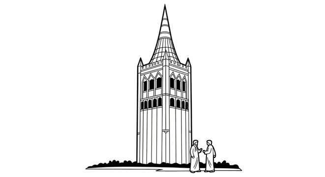 Medieval stone tower with two figures standing nearby.