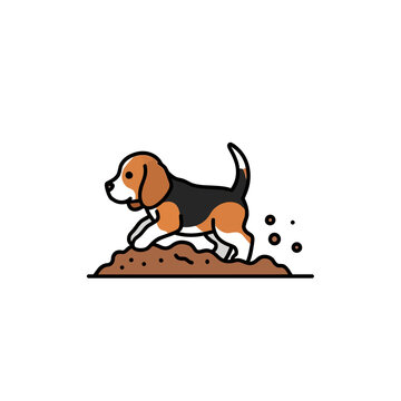 Playful tricolor beagle puppy digging a hole in the ground