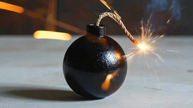 A round black sphere with a lit fuse burning on a table
