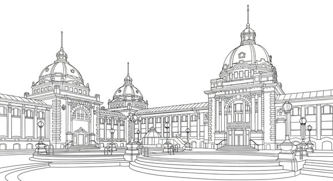 Detailed Architectural Line Drawing of Historic Palace Building.