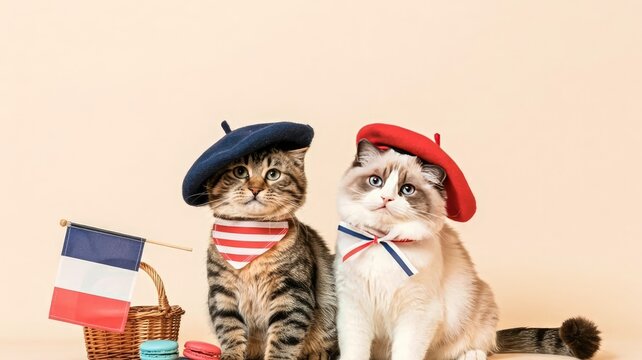 Two cats wearing berets and scarves with a french flag and macarons