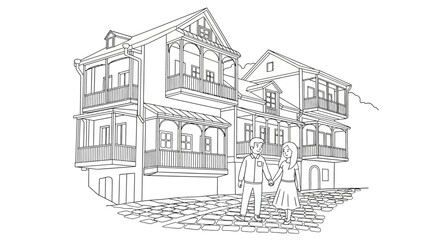 Naklejka premium Detailed Sketch of Historic Urban Townhouses with Balconies.