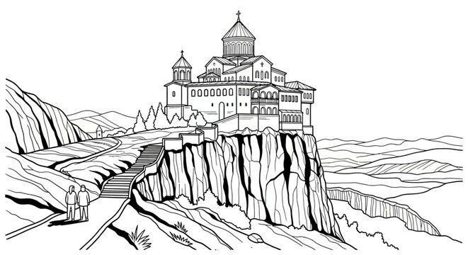 Ancient cliffside castle with winding stone staircase illustration.