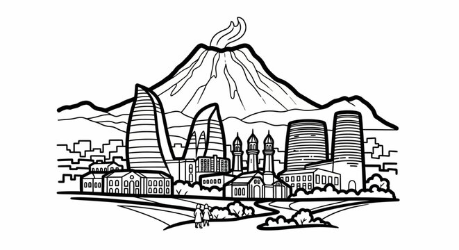 Illustrated cityscape with erupting volcano and skyscrapers.