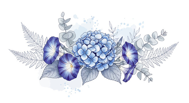 Watercolor floral arrangement featuring hydrangea morning glory and foliage design