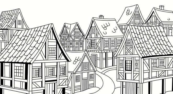 Historical Half Timbered Houses in Medieval Village Illustration.