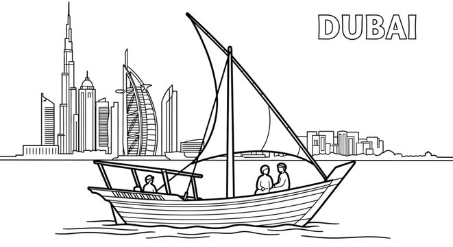 Traditional Dhow Boat Sailing Near Dubai Skyline Illustration.