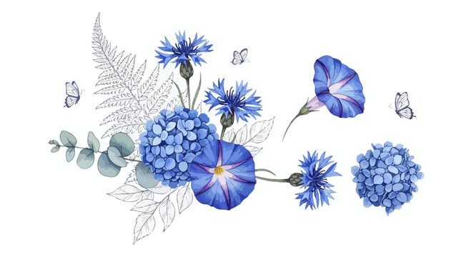 Watercolor floral arrangement of blue hydrangeas morning glories and butterflies