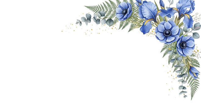 Watercolor floral arrangement with blue flowers and green foliage corner element
