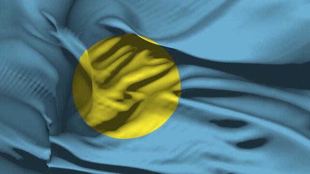 Closeup Palau Flag Wave Loop waving in wind Realistic Palau Flag background
