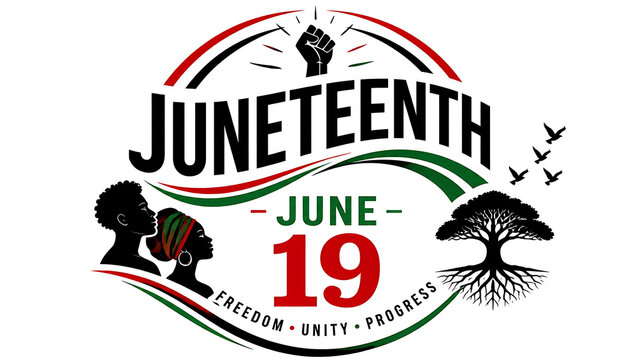 Juneteenth Celebration Emblem with Freedom and Justice Symbolism on White Background