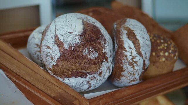 Fresh bread display in a bakery shop