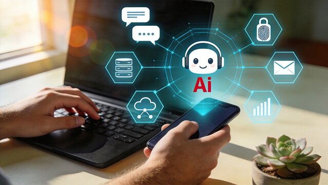 Artificial intelligence chatbot customer service support concept, digital assistant on smartphone screen connecting data security cloud computing analytics email communication