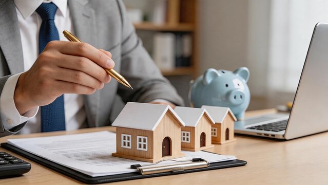 Real estate investment planning with miniature houses on clipboard, businessman in suit holding gold pen, piggy bank and laptop in background, property management or mortgage