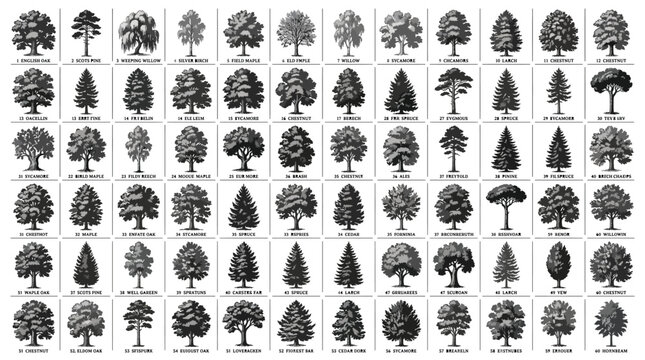 Set of various tree species silhouettes, collection of different types of trees
