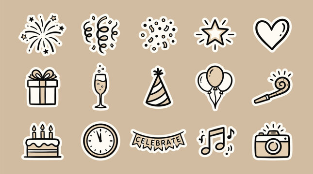 Stickers depicting party elements include a birthday cake, gift box, champagne glass, and camera in a cohesive doodle style.