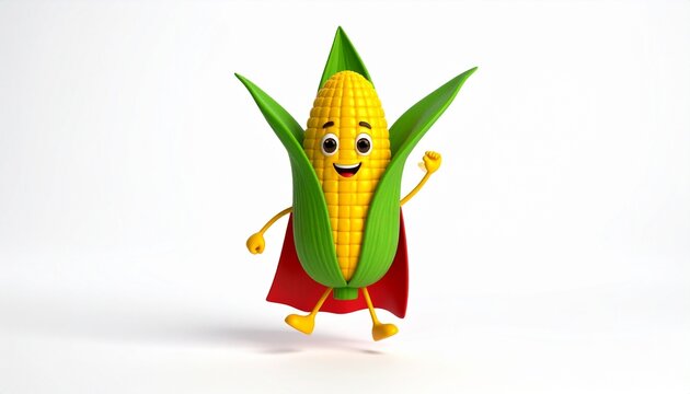 Anthropomorphic corn character with superhero cape in dynamic pose, symbolizing playful creativity, food‑themed fun, and cartoonish energy.