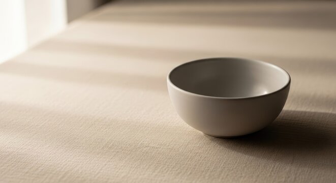 Minimalist ceramic bowl on textured beige tablecloth in soft light