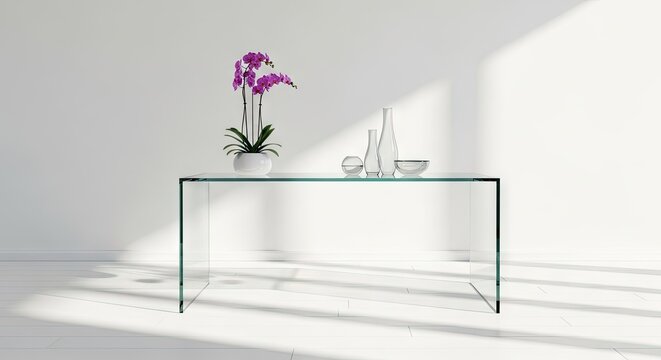 Minimalist glass console table with purple orchids in white room