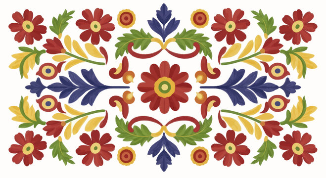 Vibrant Folk Art Floral Embroidery Design with Symmetrical Pattern.