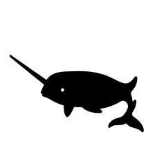 Solid black silhouette of a narwhal with a spiral tusk, arctic marine symbol, flat 2D, white background. set with simple line art design featuring simple design, minimalist, black and white with il... © Rakibul