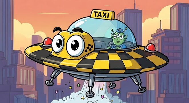 Vintage taxi car with happy cartoon face on city street.