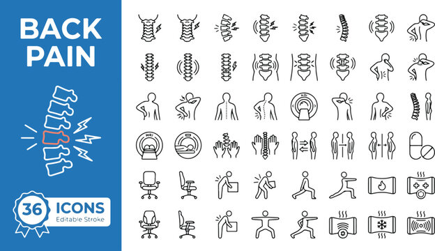 Back Pain web icons in line style. Spine, vertebral, chiropractic, medical, physiotherapy, orthopedic, anatomy, scoliosis, MRI, posture, massage, therapy collection. Editable stroke. Vector.