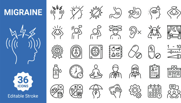 Migraine headache and chronic pain medical web icons set in line style. Nausea, sensitivity, treatment, medication, doctor, hospital, brain health, healthcare collection. Editable stroke. Vector illus