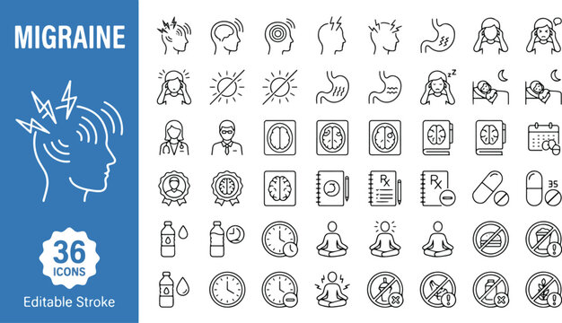 Migraine and headache symptoms web icons in line style. Medical healthcare collection, chronic pain relief, diagnosis, treatment, and prevention infographic set. Editable stroke. Vector illustration.