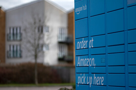 SOUTHEND-ON-SEA, ESSEX, UK - FEBRUARY 22, 2022:  Amazon Hub Locker in a outdoor location which allows customers to order and pickup