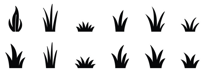 Grass silhouette on white background. Doodle bunch of grass, hand drawn lawn bush of grass icon hand drawn set. eps 10 © Hike Studio 444