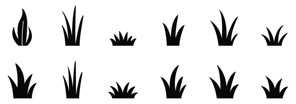 Grass silhouette on white background. Doodle bunch of grass, hand drawn lawn bush of grass icon hand drawn set. eps 10