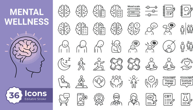 Mental wellness and psychology web icons in line style. Depression, therapy, meditation, CBT, mood scale, counseling, mindfulness collection. Professional medical outline icon. Editable stroke. Vector