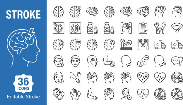 Stroke medical icons in line style. Brain disease, hemorrhage, symptoms, first aid, treatment, rehabilitation, ambulance, heart, blood pressure collection. Editable stroke. Vector illustration.