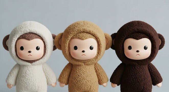 Three adorable monkey dolls in different colors